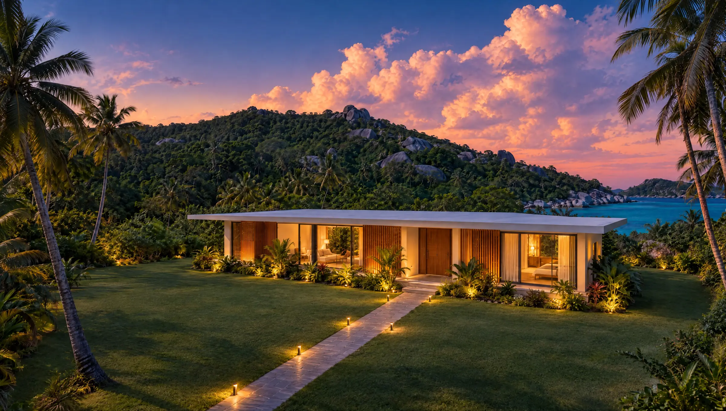 After: the same view at dusk on handover night. The finished single storey house glows from every window, with a planted garden and a lit stone path to the front door.