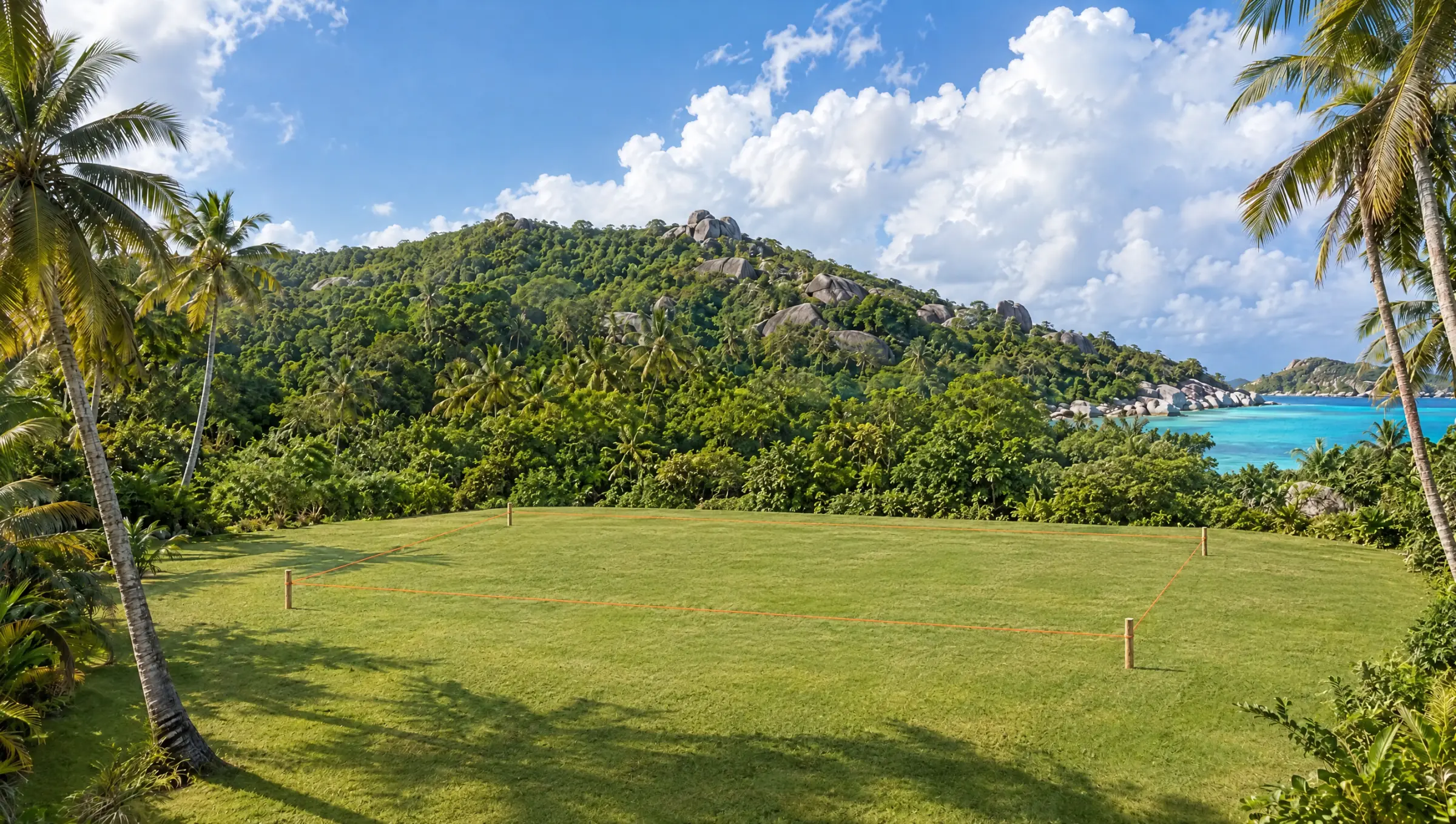 Before: the empty plot on day one. Freshly mown grass framed by coconut palms, a forested granite hill and a turquoise lagoon behind, pegs and string marking where the house will go.